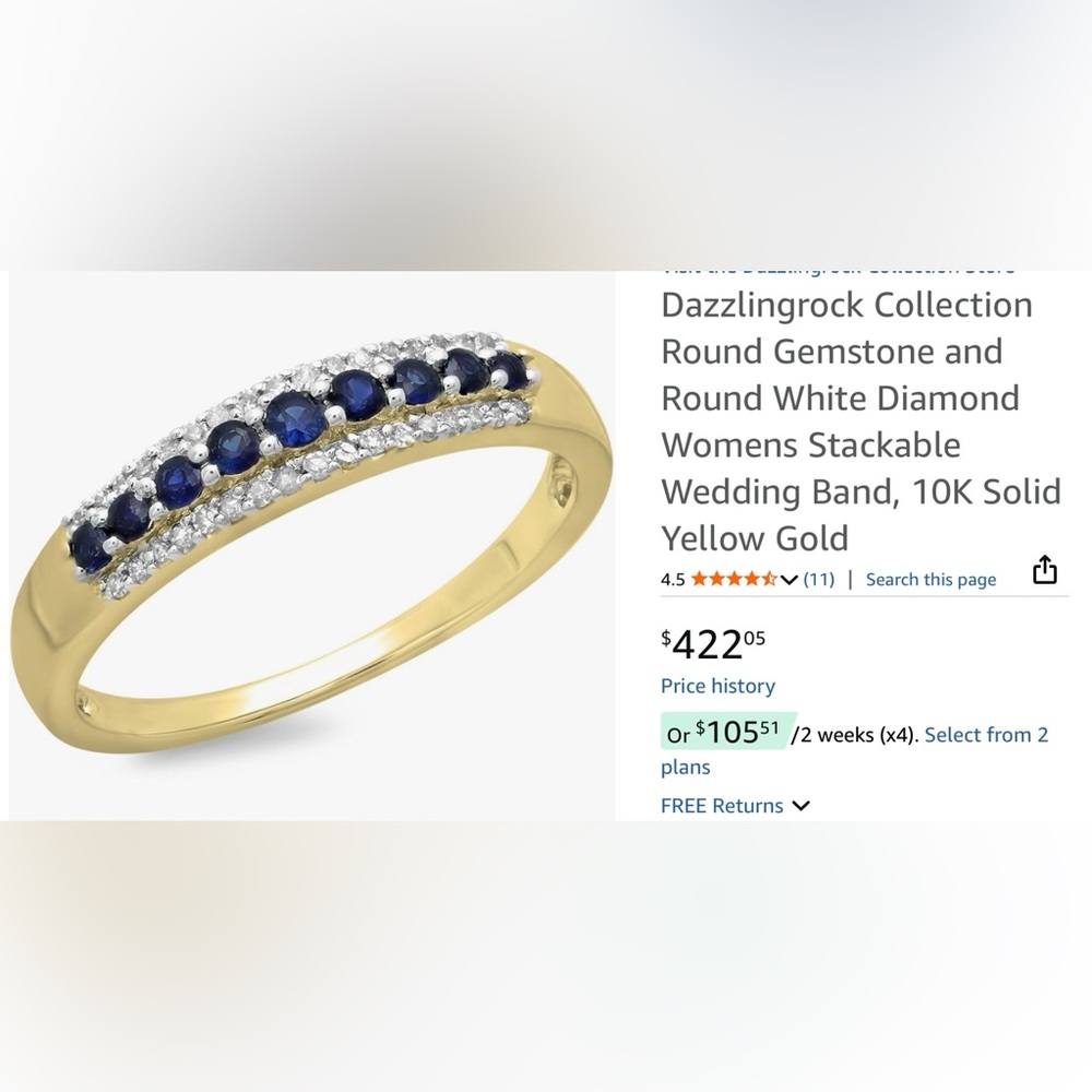 Round Sapphire and White Diamond Womens Wedding Band, 10K Solid Yellow Gold